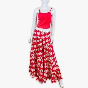 Y2K Womens Cotton Tiered Ruffle Maxi Skirt Boho Skulls Goth Festival Punk VTG